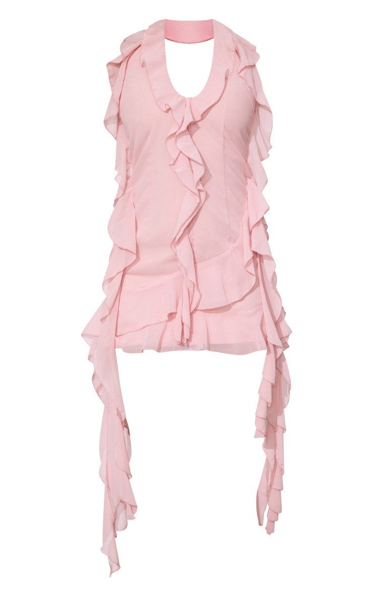 Petite Baby Pink Halter Neck Frilled Mini Dress | PrettyLittleThing UK