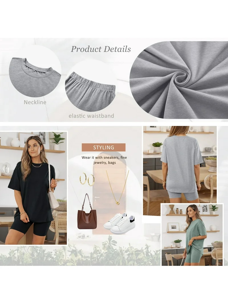 SUNBS 2 Piece Outfit for Women Lounge Sets Oversized Tshirts Matching Biker Short Summer Clothing... | Walmart (US)