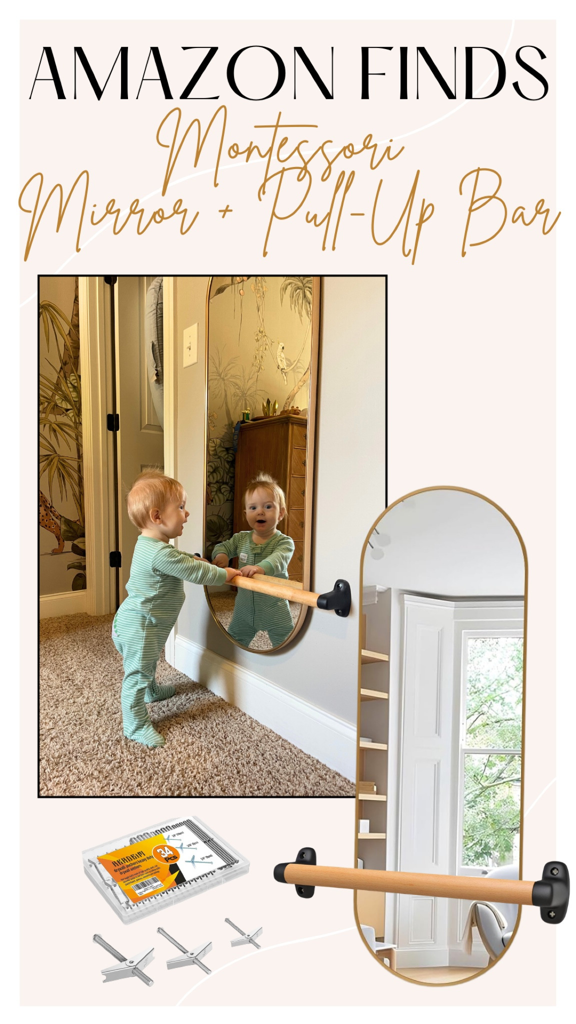 We built our own Montessori style mirror and pull-up bar combo for baby! By DIYing it, we were able to choose a mirror that matches baby’s room decor really nicely and will hopefully grow with him as well 🤍

#LTKBump #LTKBaby #LTKKids
