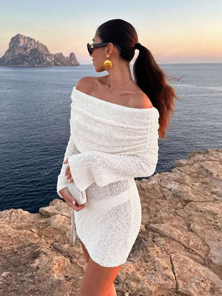 Women's Summer Beach Vacation Outfits Solid Color Off Shoulder Hollow Out Sheer Long Sleeve Dress | SHEIN