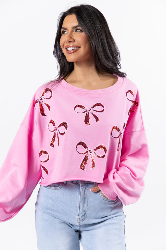 Wrapped Around My Finger Bow Sequin Patch Pink Cropped Sweatshirt | Pink Lily