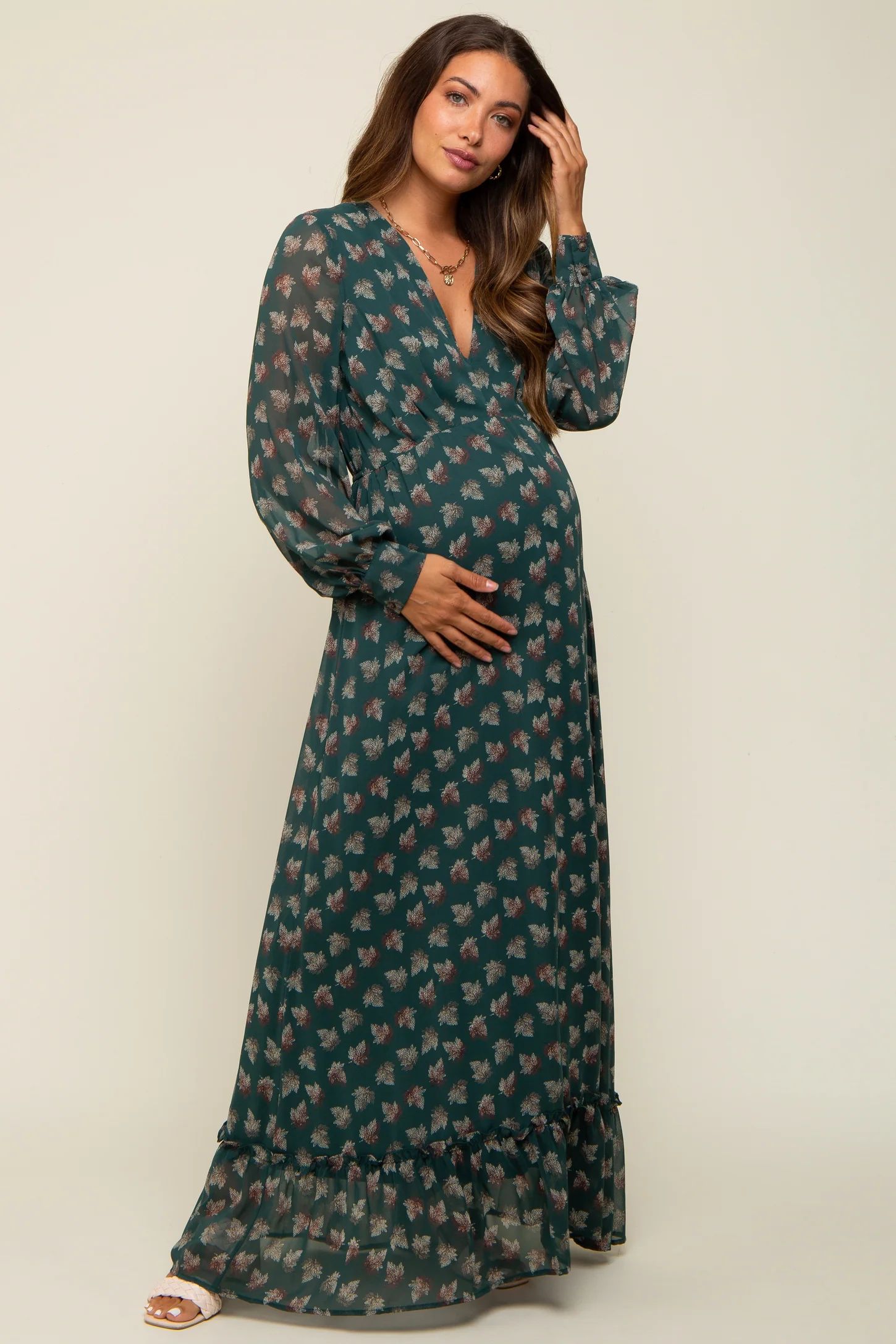 Forest Green Leaf Print Balloon Sleeve Maternity Maxi Dress | PinkBlush Maternity