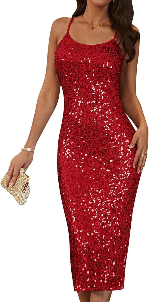 GRACE KARIN Womens Sequin Sparkly Dresses Formal Spaghetti Strap Midi Bodycon Dress Glitter Backl... | Amazon (US)