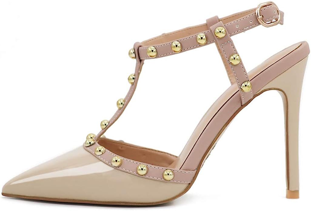 Comfity Women's Rivets Slingbacks Strappy Sandals for Dress, Pointy Toe Golden Round Rivets High ... | Amazon (US)