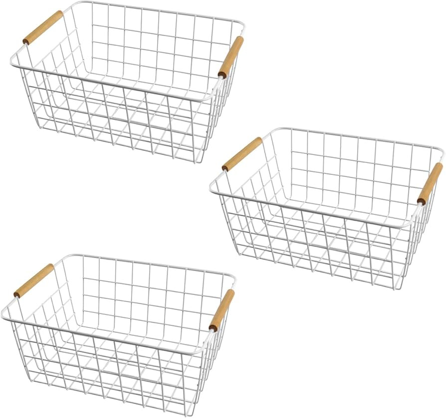 3 Pack Wire Storage Baskets, Storage Baskets Organizing Bins with Wood Handle for Pantry, Bathroo... | Amazon (US)