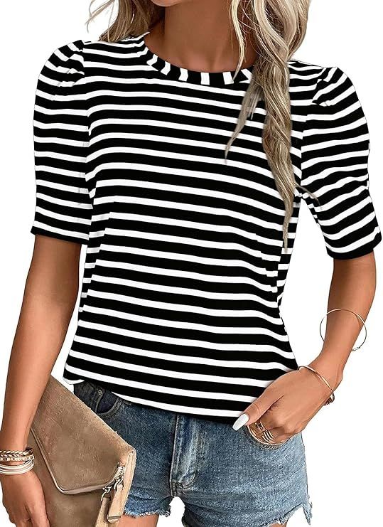 Dokotoo Women's Casual Short Puff Sleeve Crew Neck Striped T Shirts Summer Tops | Amazon (US)