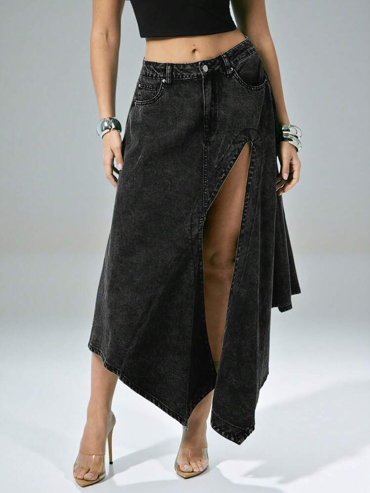 Denimoi Asymmetrical Slit Denim Skirt, Fashionable For Summer, Denim Midi Skirt, High Slit Skirt, Sexy Skirt | SHEIN