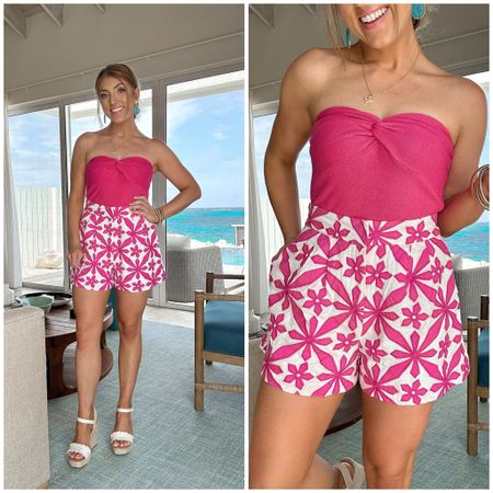 Wore this look to dinner tonight! LOVE these shorts. They’re currently on waitlist, so if you select your size and enter your contact to be notified when they’re back in stock. Trust me, they’re worth it! Run TTS. I’ll link a few other really cute shorts. Paired it with my new Amazon top! Wedges run TTS too.

Spring style. Amazon fashion. LTK under 50. Pink outfit. 
