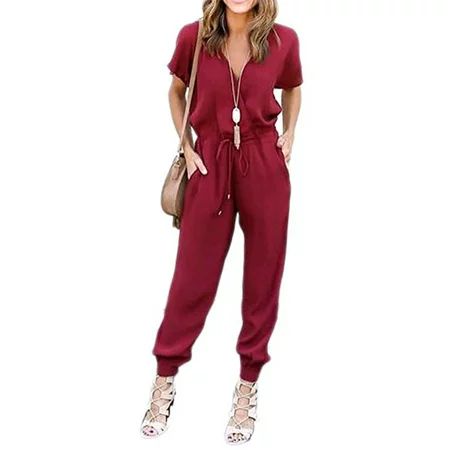DYMADE Women's V Neck Solid Loose Long Jumpsuits Romper Playsuit With Adjustable Drawstrings | Walmart (US)