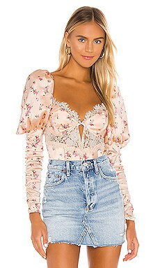 For Love & Lemons Aster Floral Bodysuit in Peach Floral from Revolve.com | Revolve Clothing (Global)