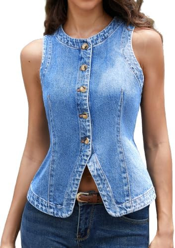 ELLEVEN Women’s Crew Neck Denim Vest Summer, Button Down Fitted Jean Vest Top for Women Casual ... | Amazon (US)