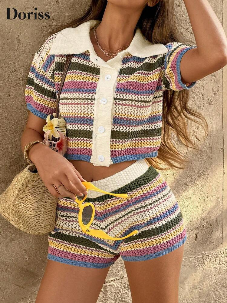 Women's Striped Camisole And Shorts 2-Piece Set, Casual, Vacation, Elegant, Beach Outfit, Suitable For Outings, Beach, Travel Spring | SHEIN