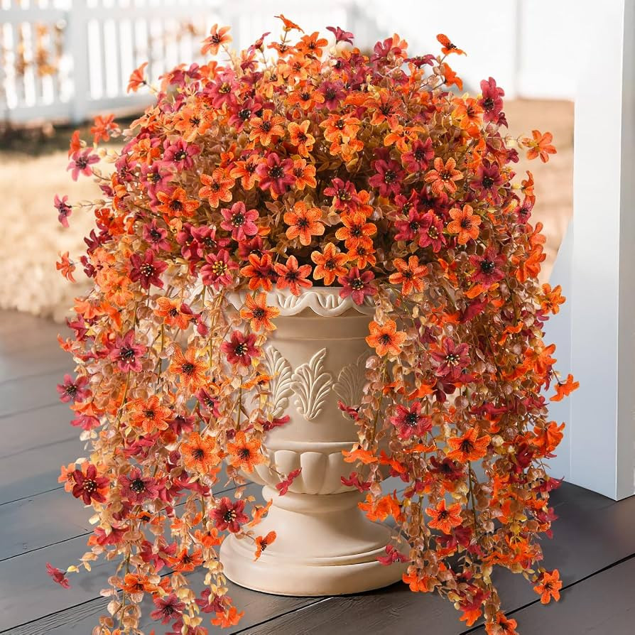 Artificial Fake Hanging Flowers Plants for Outdoor Fall Decoration,2PCS Faux Silk Daisy with Euca... | Amazon (US)
