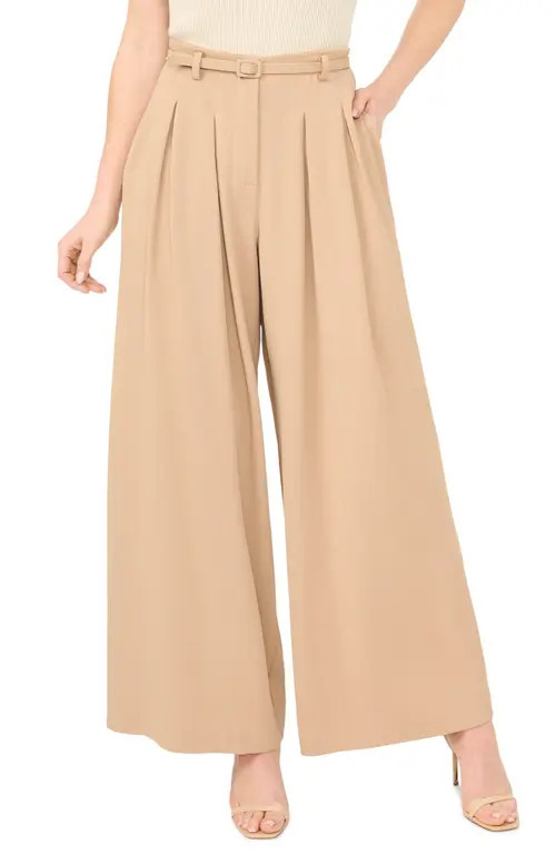 halogen(r) Belted Pleated High Waist Wide Leg Pants in Nomad Camel at Nordstrom, Size 4P | Nordstrom