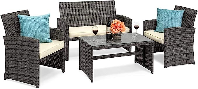 Best Choice Products 4-Piece Wicker Patio Conversation Furniture Set w/ 4 Seats, Tempered Glass T... | Amazon (US)