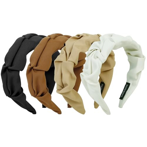 WOVOWOVO Knotted Headbands for Women Girls Ruched Wide Hairbands Fashion Non Slip Head Bands for Women's Hair Ruffled Fabric Hair Hoop Black White Brown Hair Accessories 4Pcs | Amazon (US)