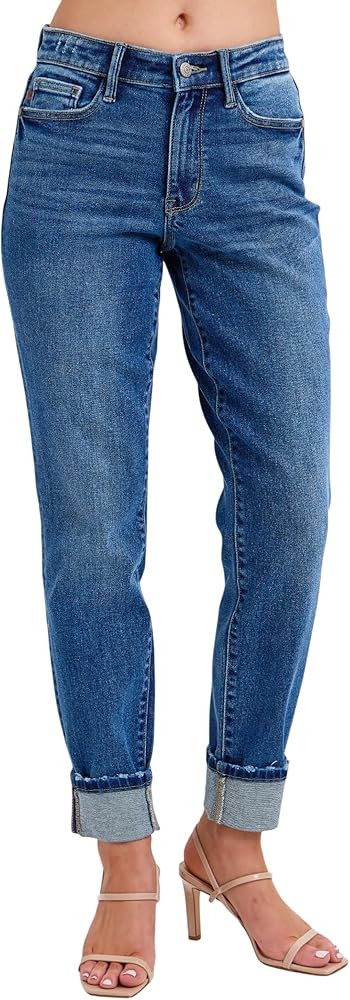 Judy Blue Womens Jeans - Mid Rise Vintage Wash Boyfriend with Cuff | Amazon (US)
