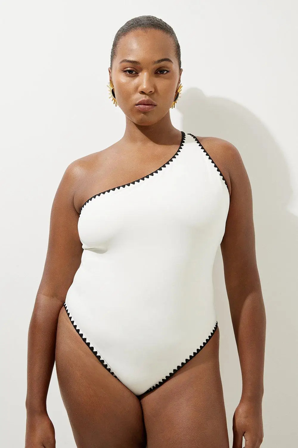 Cream KarenMillen Plus Size Contrast Stitch One Shoulder Swimsuit | Boohoo USA | boohoo (US & Canada)