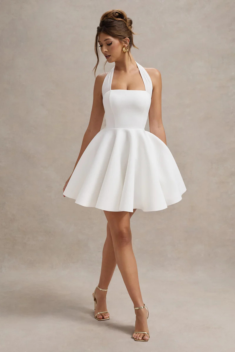 Peggy  White Halter-Neck Skater Mini Dress | Club L London