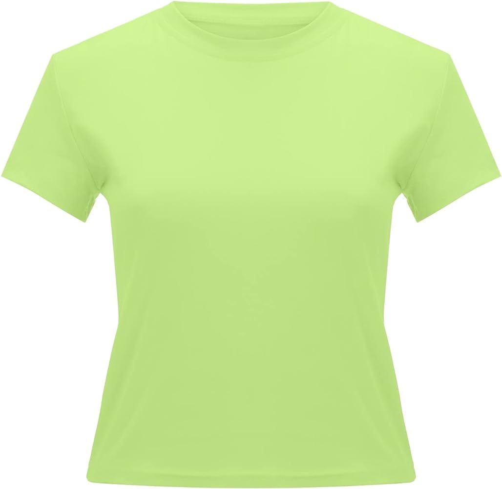 Basic T-Shirt Women's Slim Fit Crew Neck Short Sleeve Undershirt Solid Bottoming Tops Casual Spor... | Amazon (US)