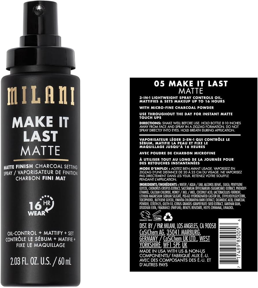 Milani Make it Last Matte - Matte Finish Charcoal Setting Spray- Cruelty-Free Makeup Primer and S... | Amazon (US)