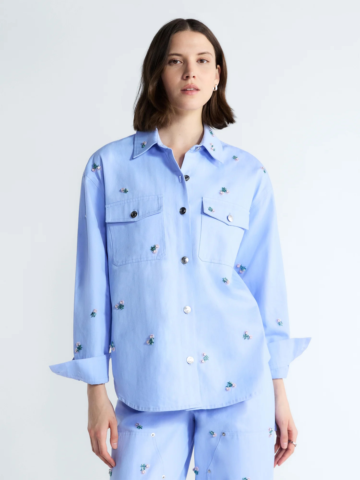 Free Assembly Women's and Women's Plus Embellished Cotton Utility Shirt with Long Sleeves, Sizes ... | Walmart (US)