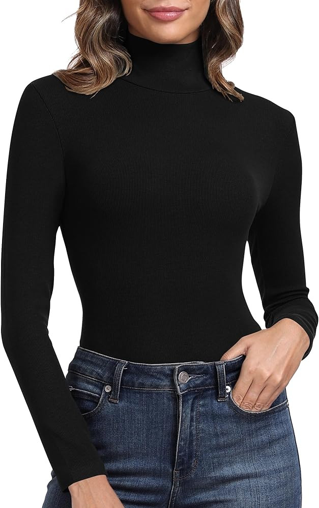 PALINDA Women's Ribbed Turtleneck Fitted Long Sleeve Shirts Basic Thermal Layering Tops | Amazon (US)