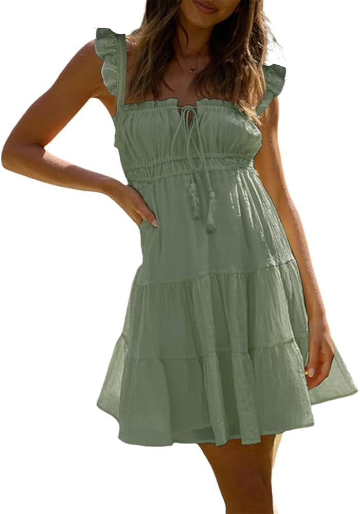 Womens Summer Spaghetti Strap Mini Dresses Sleeveless Tiered Ruched Boho Cami Dress Flowy Tie Bac... | Amazon (US)