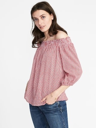 Old Navy Womens Off-The-Shoulder Gingham Top For Women Red Gingham Size L | Old Navy US
