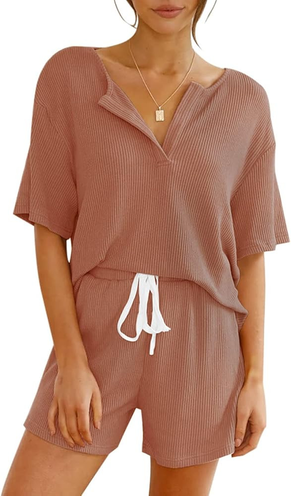 KIKIBERRY Women's Short Sleeve Lounge Set with Short Casual 2 Piece Knit V Henly Neck Outfit Slee... | Amazon (US)