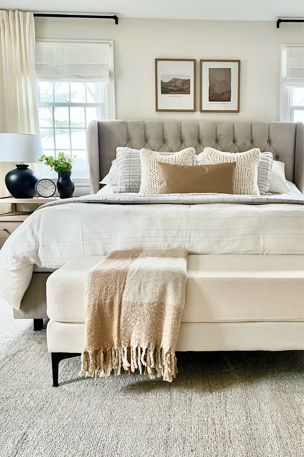 Bedroom decor!
Nightstand, tufted bed, tabletop clock, green leaf branch, table lamp, photo frames, bench, duvet and sham set, quilt, quilt sham, bed throw, curtains, curtain rods, area rug, table lamp, pillow cover.

#LTKFind #LTKhome #LTKstyletip