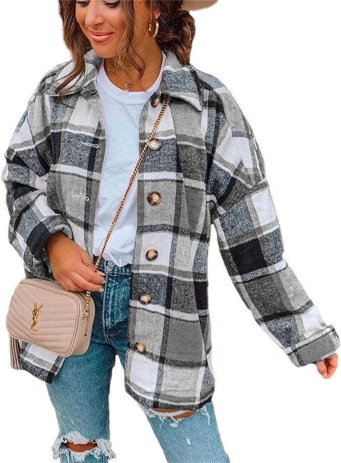 Women Long Sleeve Flannel Plaid Shirts Casual Button Down Shirt Jacket Cardigan | Amazon (US)