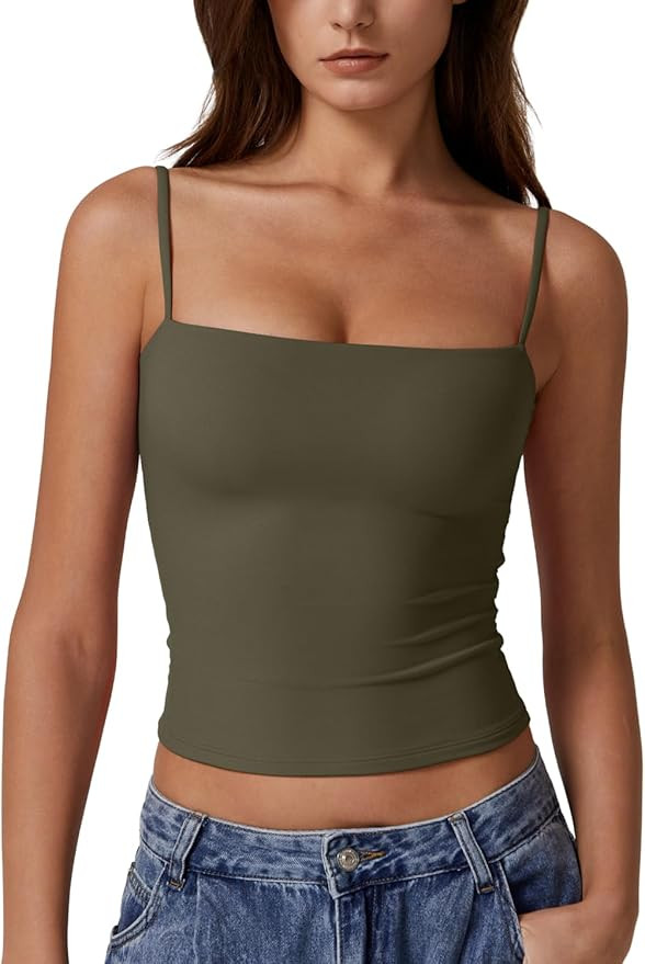 QINSEN Women's Double Lined Basic Tank Top Adjustable Spaghetti Straps Sleeveless Camisole Shirts | Amazon (US)