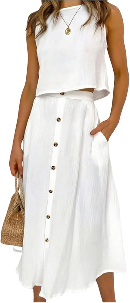 SOLY HUX Women's 2 Piece Skirt Sets Sleeveless Tank Tops and Button Front Skirt Summer Vacation O... | Amazon (US)
