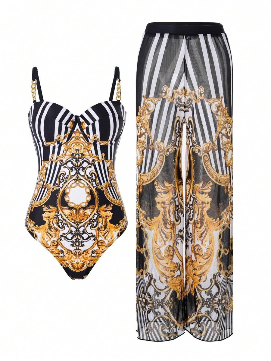 SHEIN Swim Oasis Printed Long-Sleeve One-Piece Swimsuit With Pants Set Summer | SHEIN