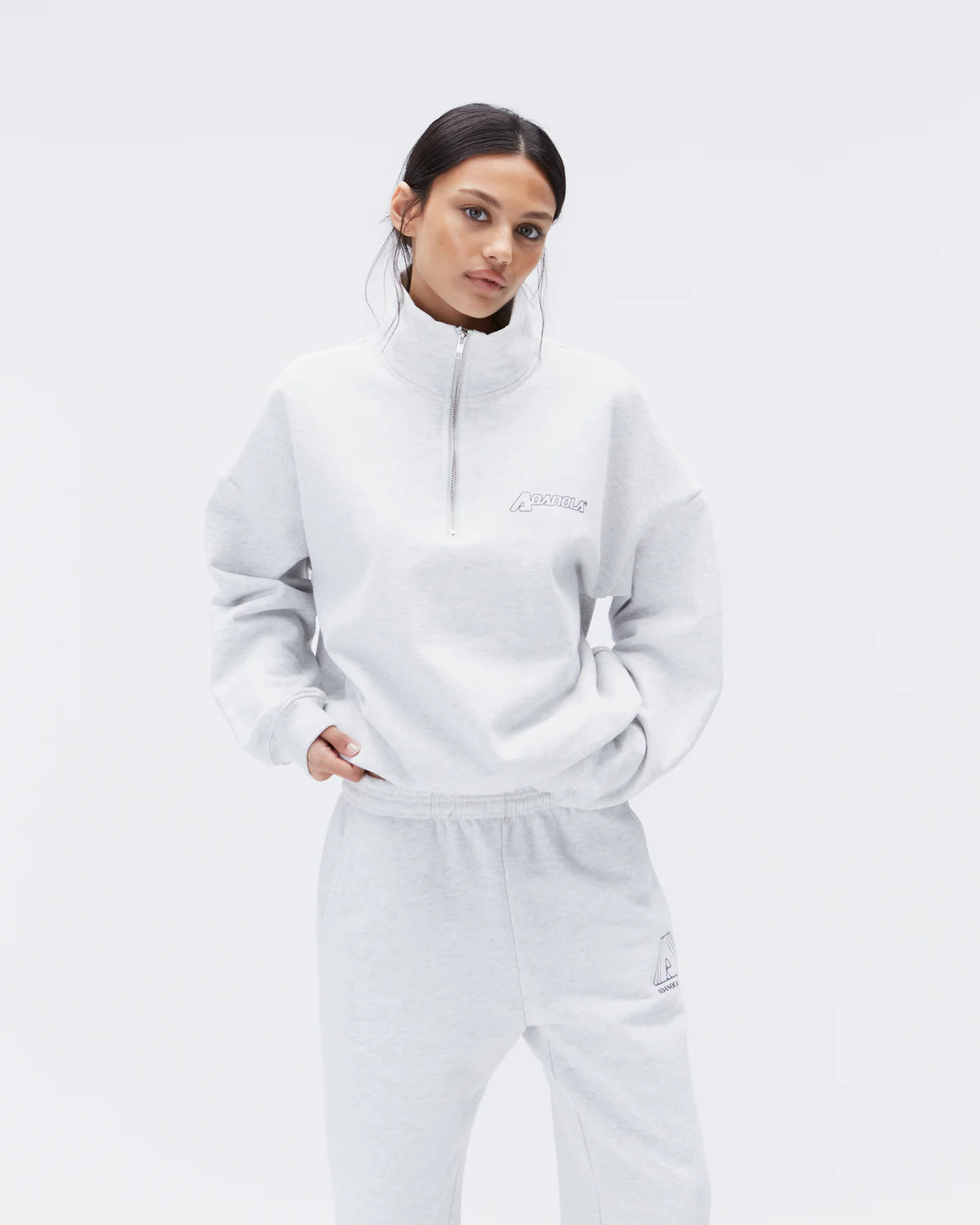 Outline Oversized Funnel Neck Zip Sweatshirt - Light Grey Melange | Adanola UK