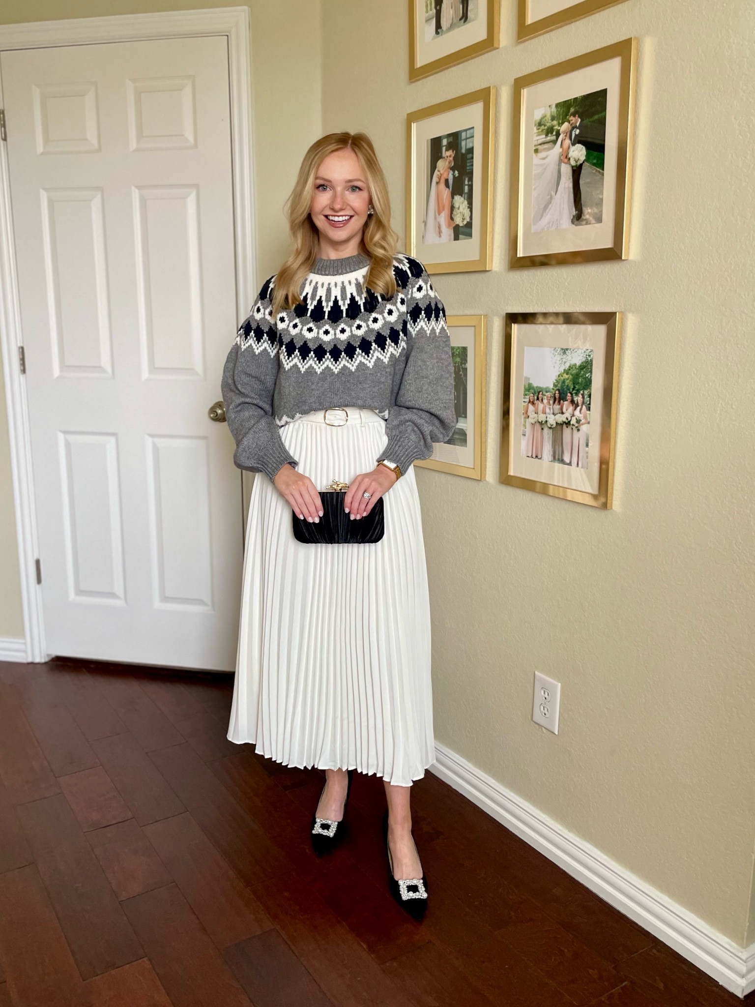 Wearing a 0 regular in skirt and XS in sweater | fair isle, fair isle sweater, white skirt, pleated skirt, winter whites, holiday outfit, holiday party 

#LTKHoliday #LTKStyleTip #LTKSeasonal