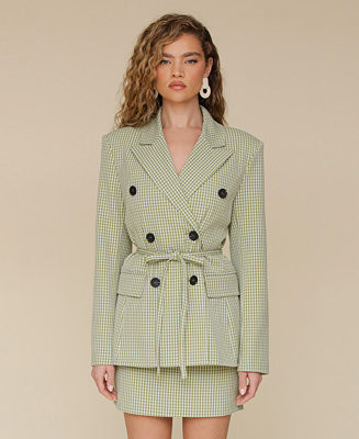 Women's Double-Breasted Belted Gingham Blazer | Macy's