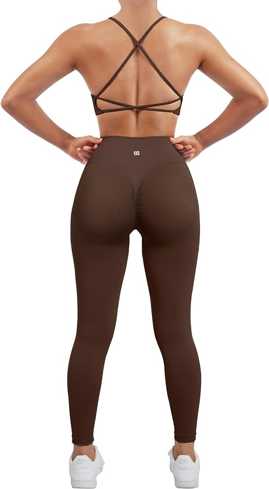 SUUKSESS Women Seamless Workout Sets Strappy Sports Bra High Waist Booty Shorts Outfits | Amazon (US)