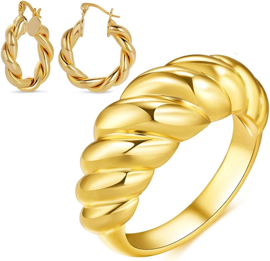14k Gold Rings for Women Croissant Chunky Rings Twisted Hoop Earrings Lightweight High Polished C... | Amazon (CA)