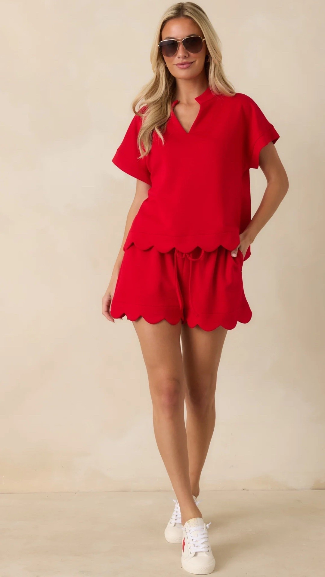 Love this elevated casual summer outfit❤️ Perfect to throw on for errands, kids sports, camp drop off, vacation, or the 4th of July. Easy, comfy, and cute scalloped matching set.

Red dress boutique, affordable style, mom outfit, red, white, and blue, Americana outfit

#LTKootd #LTKSeasonal