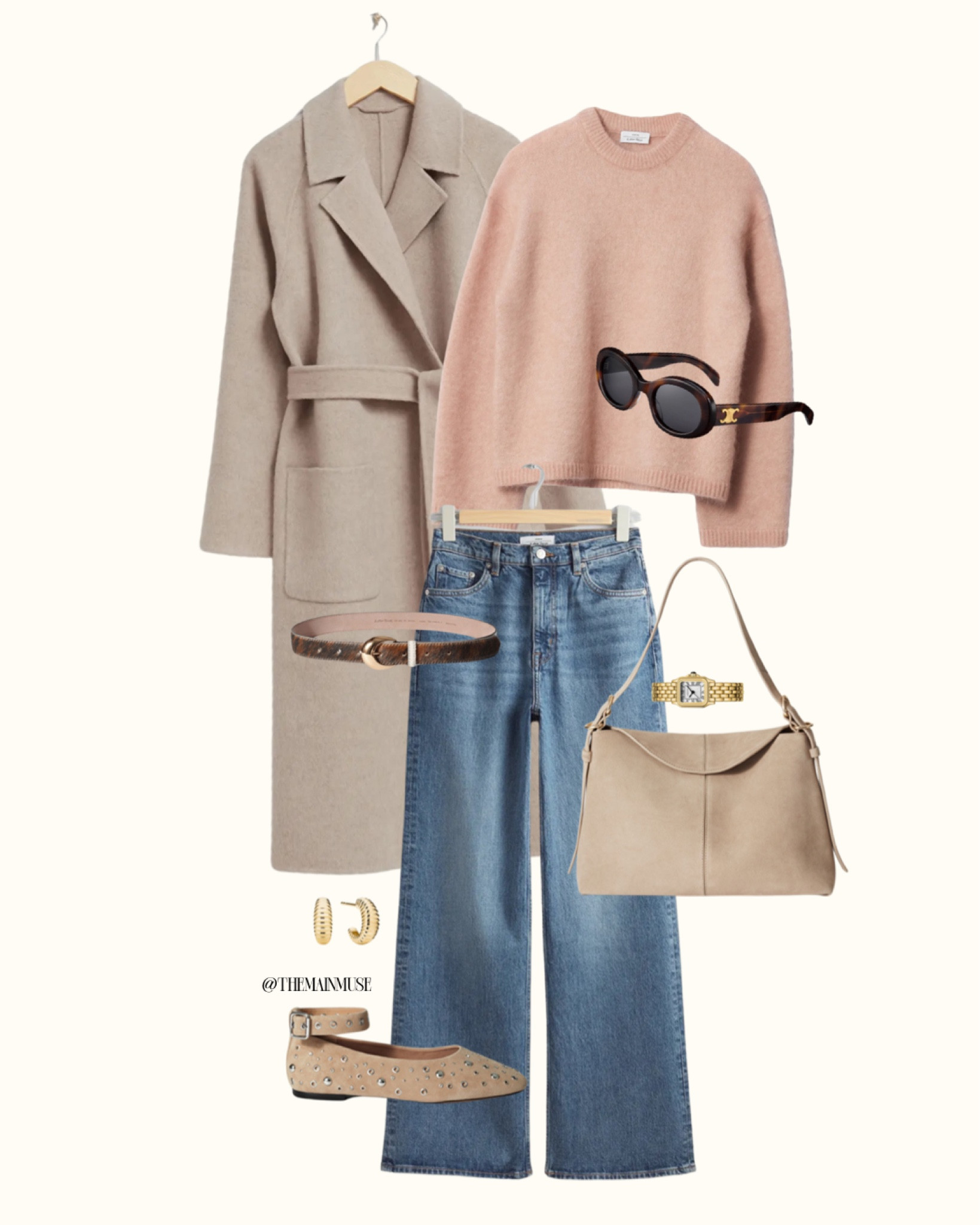 beige belted wool coat, wool wrap coat, long neutral coat, oversized wool coat, neutral winter coat, elegant winter coat, timeless outerwear, pink cropped sweater, pastel pink sweater, blush-toned knitwear, cozy cropped knit, cashmere-like sweater, soft pink top, wide-leg denim jeans, light wash wide jeans, relaxed-fit denim, high-waisted jeans, blue straight-leg jeans, classic denim look, Céline-inspired sunglasses, tortoiseshell frame sunglasses, oversized tortoiseshell glasses, vintage-inspired sunglasses, camel leather belt, slim leather belt, neutral-toned belt, polished gold belt, beige suede shoulder bag, neutral suede bag, minimalist crossbody bag, practical everyday handbag, gold statement earrings, chunky hoop earrings, textured gold hoops, elegant everyday jewelry, beige ballet flats, suede flats with studs, studded ballet shoes, neutral studded flats, suede studded footwear, casual chic outfit, neutral-toned look, winter outfit, cozy casual style, Parisian-inspired style, effortless everyday outfit, polished casual attire, timeless wardrobe staples, soft neutral palette, transitional winter outfit, everyday elegant style.

#LTKfindsunder100 #LTKstyletip #LTKfindsunder50