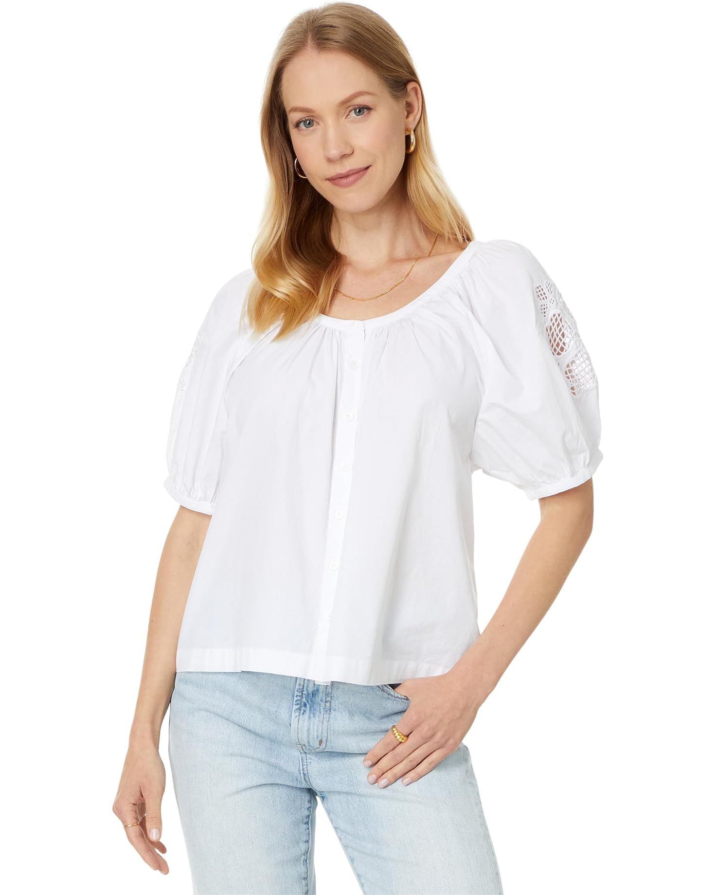 Embroidered Puff-Sleeve A-Line Top in Poplin | Zappos