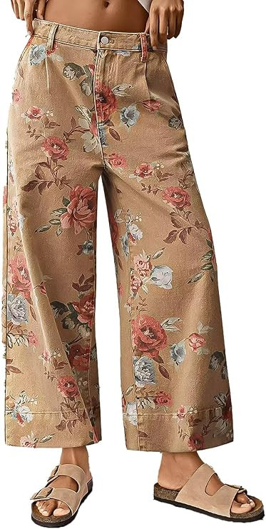 Flamingals Wide Leg Cropped Jeans Mid Rise Floral Print Denim Ankle Pants | Amazon (US)