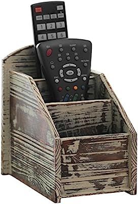 3 Slot Rustic Torched Wood Remote Control Caddy/Media Organizer, Office Supply Storage Rack | Amazon (US)