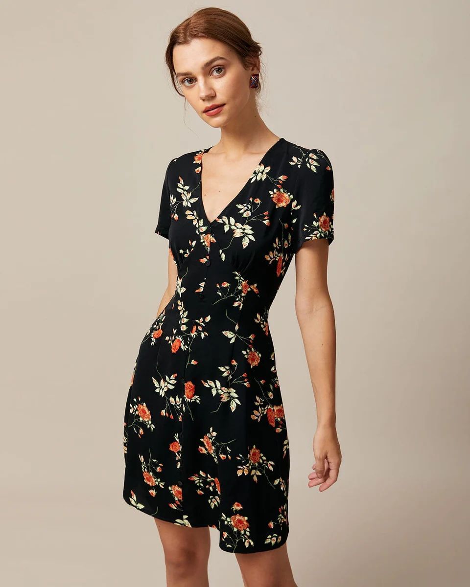 The Black V Neck Floral Button Up Mini Dress & Reviews - Black - Dresses | RIHOAS | rihoas.com