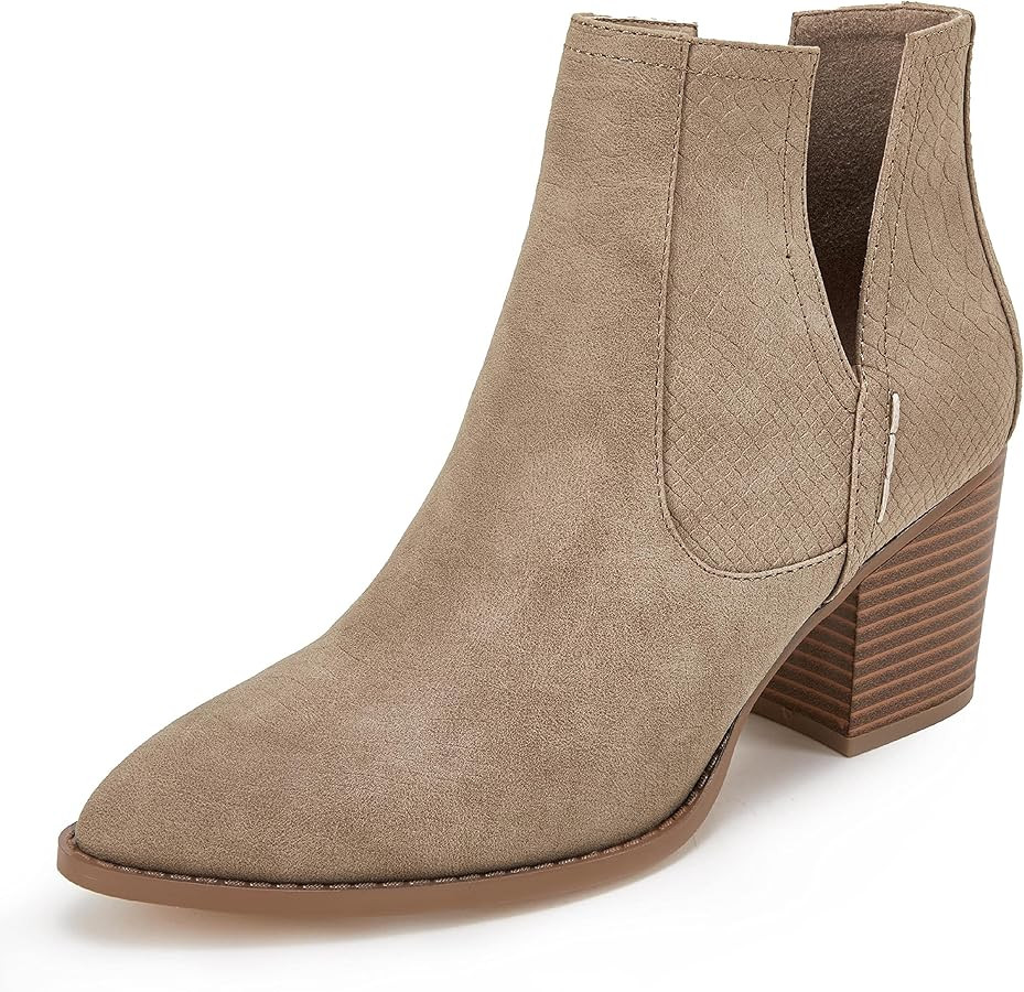 Huiyuzhi Womens Ankle Boots Slip on Cutout Pointed Toe Snakeskin Chunky Stacked Mid Heel Bootie | Amazon (US)