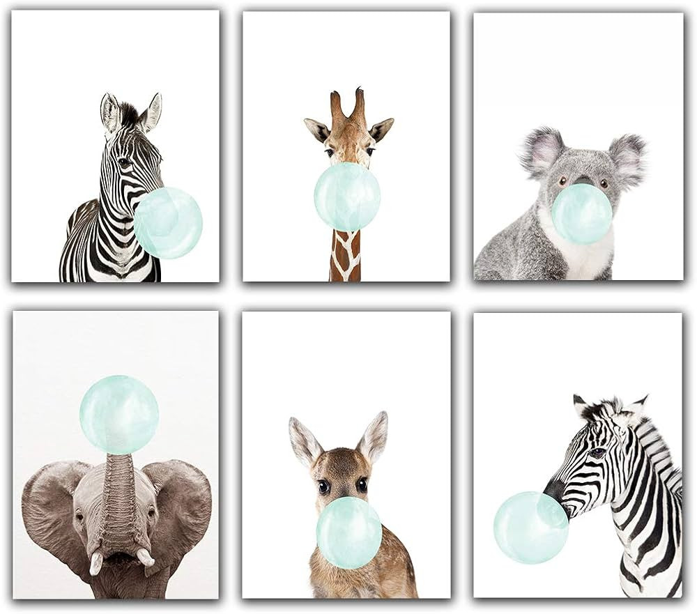 Safari Blue Bubblegum Baby Animal Zebra Giraffe Elephant,Deer,Koala Nursery Decor Art - Set of 6 ... | Amazon (US)