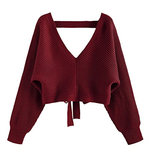 ZAFUL Women's V Neck Cropped Sweater Ribbed Knit Pullover Tops Sexy Drop Shoulder Jumpers C-red | Amazon (US)