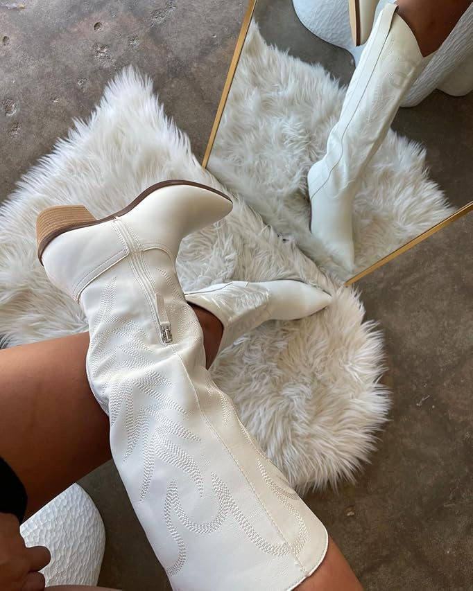 Pasuot Western Cowboy Boots for Women - Knee High Wide Calf Cowgirl Boots with Classic Embroidere... | Amazon (US)